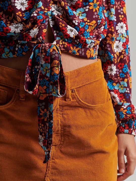 Vintage Women's Summer Crop Top Cotton Long Sleeve with V Neckline Floral Multicolour