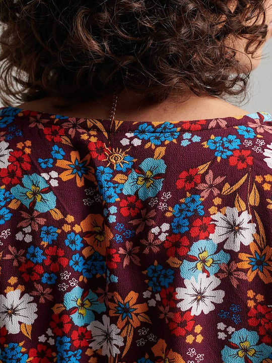 Vintage Women's Summer Crop Top Cotton Long Sleeve with V Neckline Floral Multicolour