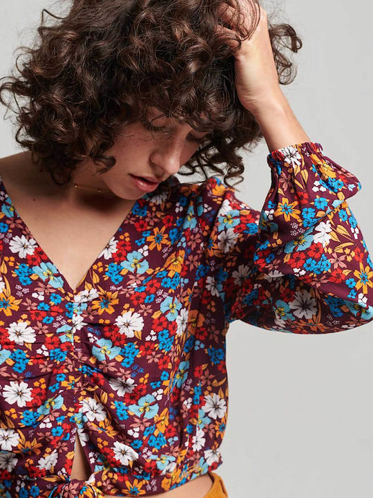Vintage Women's Summer Crop Top Cotton Long Sleeve with V Neckline Floral Multicolour
