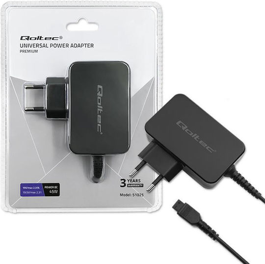 Qoltec Universal Φορτιστής Laptop 45W με Αντάπτορα Τροφοδοσίας και με σετ βυσμάτων
