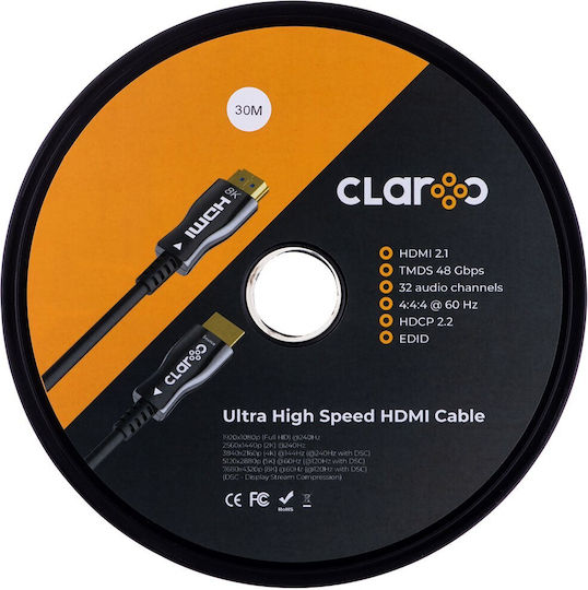 Claroc HDMI 2.1 Ултра Висока Скорост 48Gbps 4K 120Hz HDR VRR HDMI Кабел HDMI Мъжки - HDMI Мъжки 30м Черен