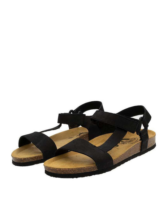 Leather Women's Flat Sandals with Strap in Black Color