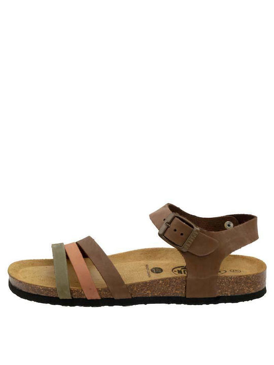 Leather Women's Sandals with Ankle Strap Khaki/Brown/Pink