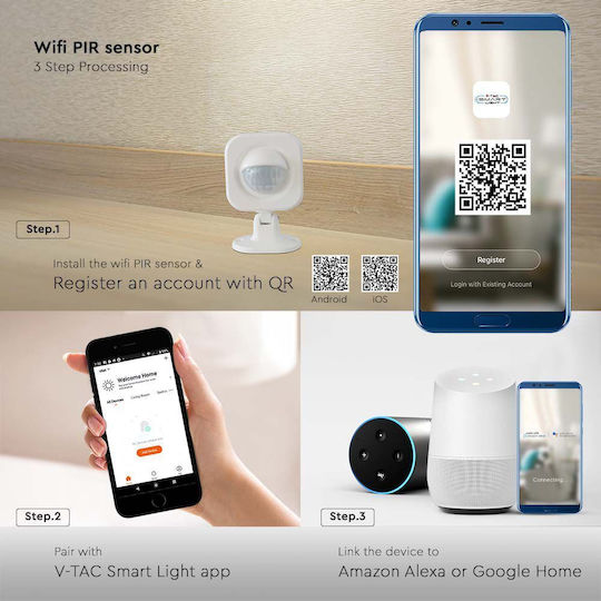 V-TAC Kabelloser Wi-Fi Bewegungsmelder Überwachung 120° Erkennungswinkel 8m
