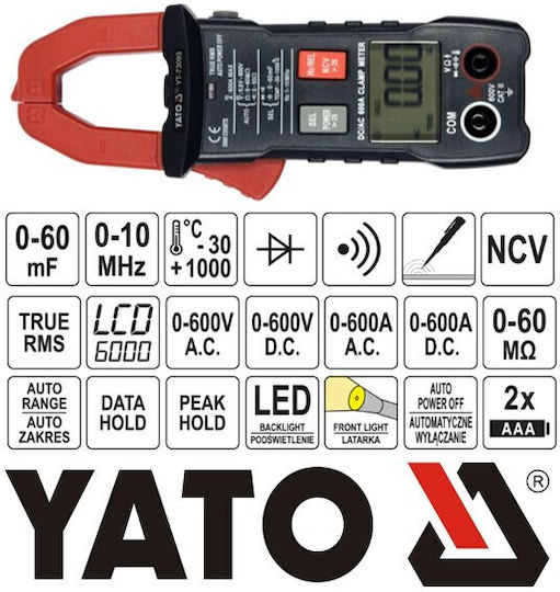 Yato Clamp Meter Digital 600A AC True RMS with Test Leads YT-73093