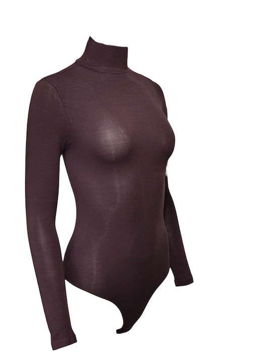 Lingerie Long Sleeve Turtleneck Bodysuit Brown