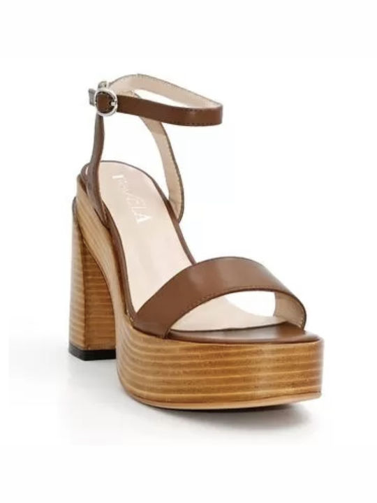 Favela Platform Leather Women's Sandals Brown with Chunky High Heel