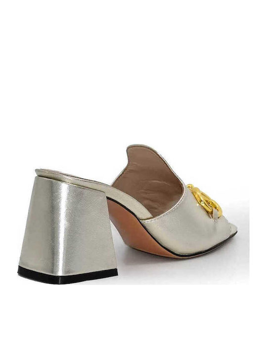 Mules with Chunky High Heel in Silver Color