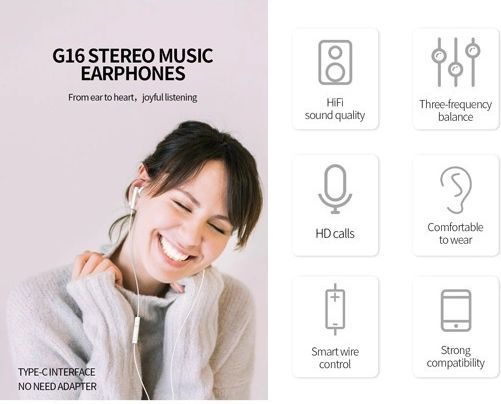 Celebrat G16 Earbuds Handsfree με Βύσμα USB-C Μαύρο