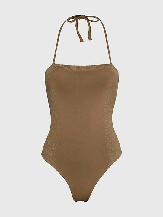 Strapless Ολόσωμο Μαγιό με Ανοιχτή Πλάτη Καφέ