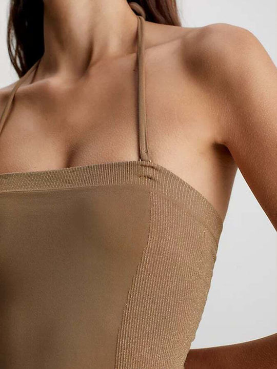 Strapless Ολόσωμο Μαγιό με Ανοιχτή Πλάτη Καφέ
