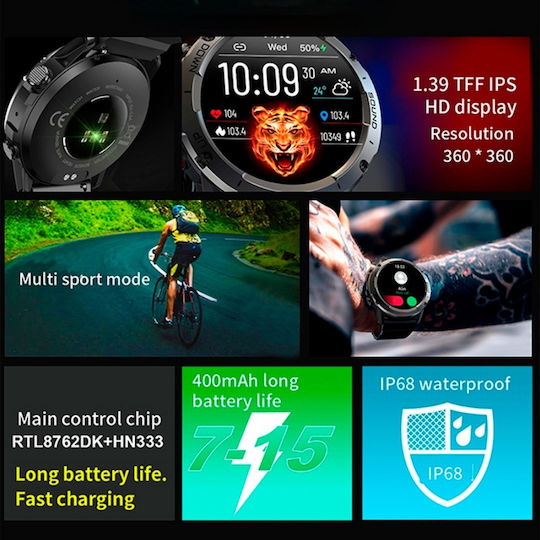 NX9 50mm Smartwatch with Heart Rate Monitor (Black / Blue)