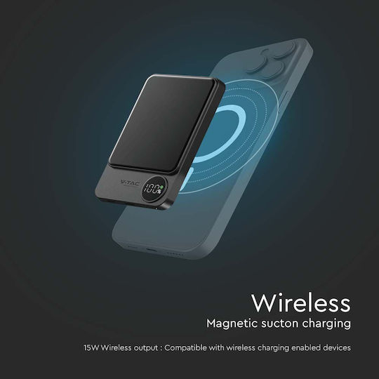 V-TAC MagSafe Power Bank 5000mAh 20W με Θύρα USB-C Σκούρο Γκρι