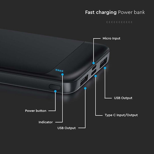 V-TAC Power Bank 10000mAh 22.5W με Θύρα USB-A και Θύρα USB-C Μαύρο