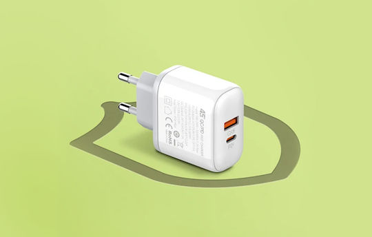 Ldnio Зарядно без кабел с USB-A порт и USB-C порт 45W Power Delivery Бял (A2526C)
