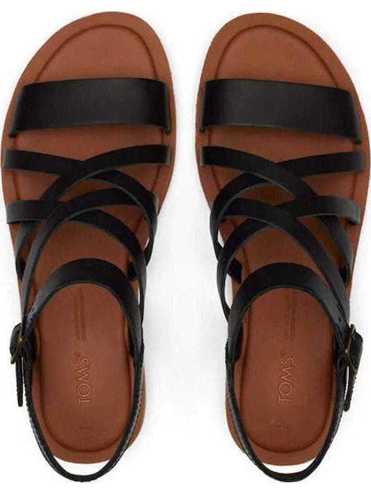 Sephin Leather Women's Flat Sandals with Strap in Black Color