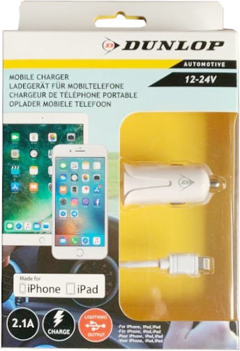 Dunlop Car Charger 2.1A with Cable Lightning White Color