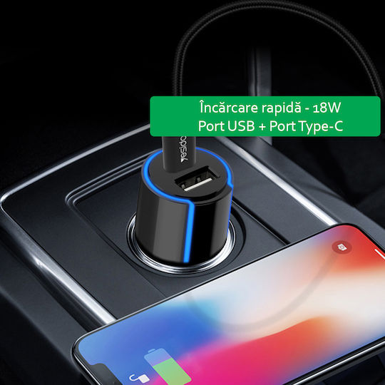 Yesido Y32 Car Charger 18W 3A With Ports 1xUSB-A 1xType-C Black Colour