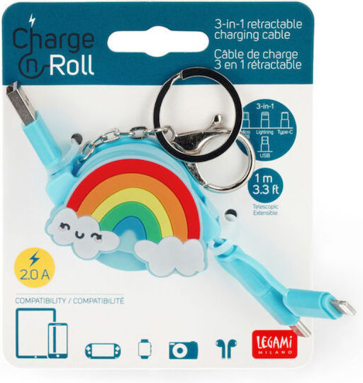Legami Milano Charge 'N Roll - Rainbow Retractable USB to Lightning / Type-C 1m 2A Cable Multicolour (TRC0002)