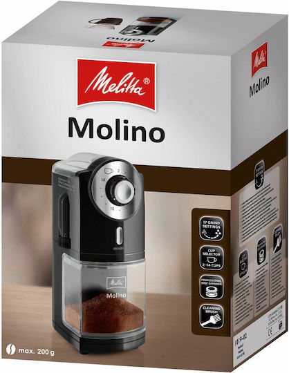 Melitta Molino Electric Coffee Grinder 100W for 200gr Beans and 17 Grind Levels Black