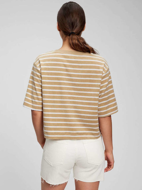 GAP Women's Crop Top Cotton Short Sleeve Striped Brown