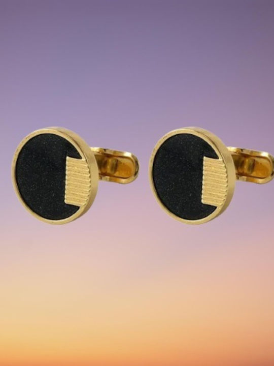 Round gold cufflinks, in gold and black, made of brass alloy.