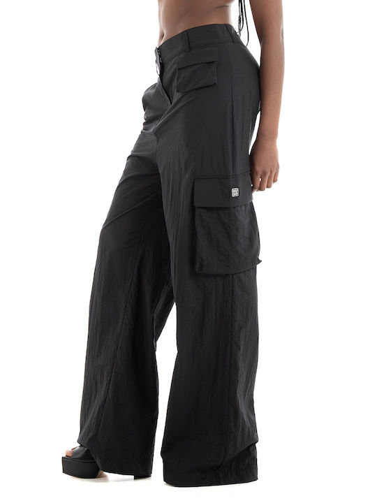 Hugo Boss Hafren Women's High-waisted Fabric Cargo Trousers in Wide Line Black