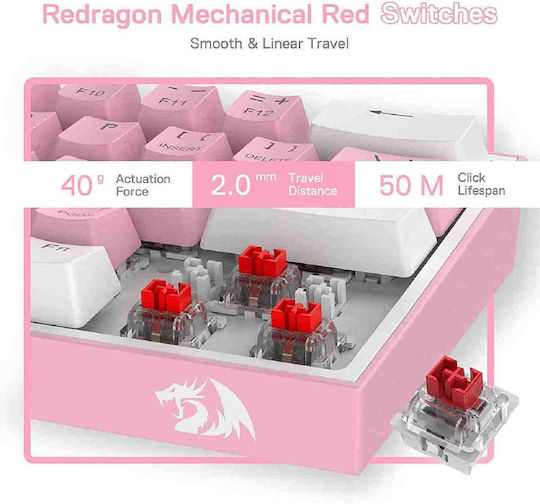Redragon K617 FIZZ Gaming Mechanical Keyboard 60% with Custom Red switches and RGB lighting (English US) Pink/White