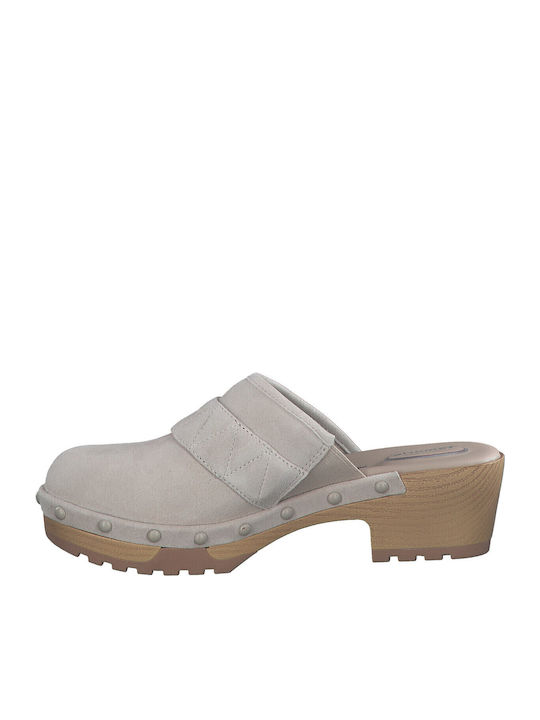 Leather Mules with Chunky Low Heel in Beige Color