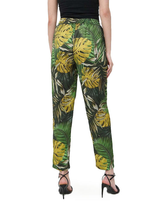 Guess W3GB13WD8G2 Femei Satin Pantaloni cu Elastic cu Croială Relaxată Floral Verde