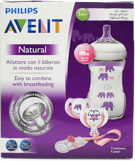 Philips Σετ Πλαστικά Μπιμπερό Natural Κατά των Κολικών με Θηλή Σιλικόνης για 1+ μηνών Ροζ Ελεφαντάκια - Pink 260ml 4τμχ