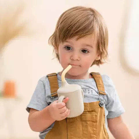 Nattou Kleinkinderbecher mit Griffen und Strohhalm aus Silikon Rosa für 6m+m+