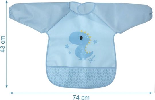 Kiokids Little Dinosaur Αδιάβροχη Ποδιά Πλαστική με Αυτοκόλλητο με Τσέπη & Μανίκια Γαλάζια για 4 m+