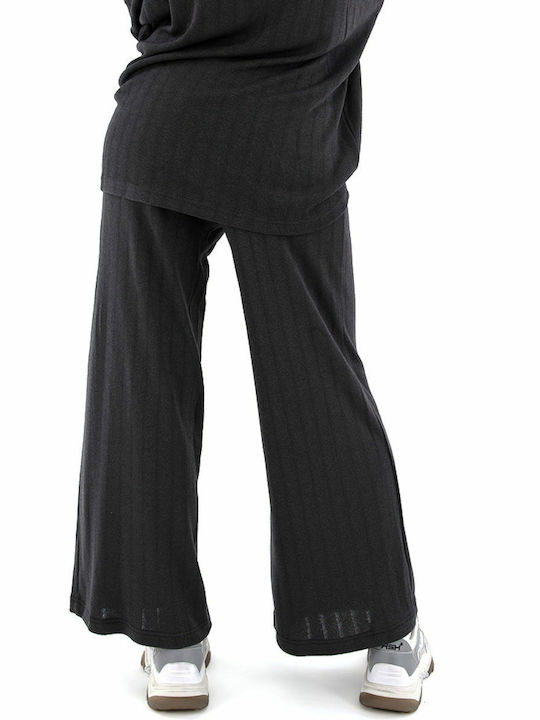 MY T Damen Stoff Palazzo-Hose mit Gummizug in Lockerer Passform Schwarz