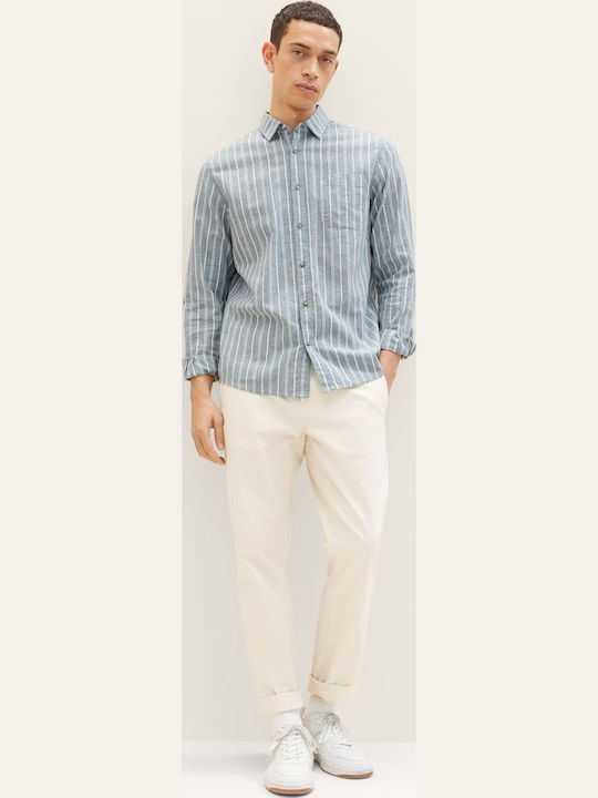 Long-sleeved Linen Shirt Striped Blue