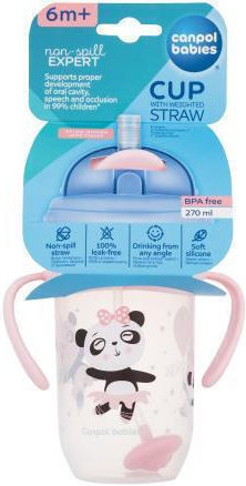 Canpol Babies Baby Cup with Handles and Straw Non Spill made of Plastic Pink 270ml for 6m+m+