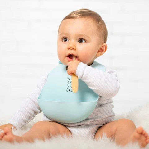 Nattou Waterproof Bib Silicone with Button & Pocket Beige for 0 m+