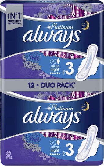 Always Platinum Ultra Night Sanitary Pads with Wings Comfort & Protection for Heavy Flow 6 Drops Size 3 Double Pack 2x3pcs