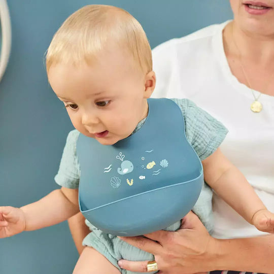 Nattou Whale Waterproof Bib Silicone with Button & Pocket Blue for 0 m+