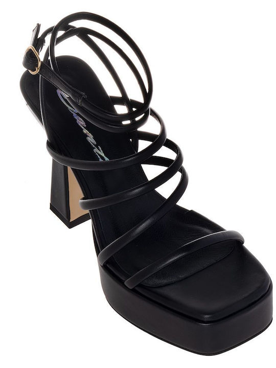 Sante Platform Leather Women's Sandals Black with Chunky High Heel