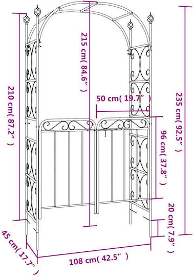 Gartenbogen aus Metall in Schwarz Farbe 108x45x235cm