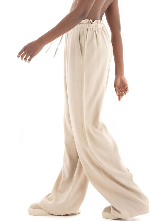 Damen Leinen Hose in Weiter Linie Ecru