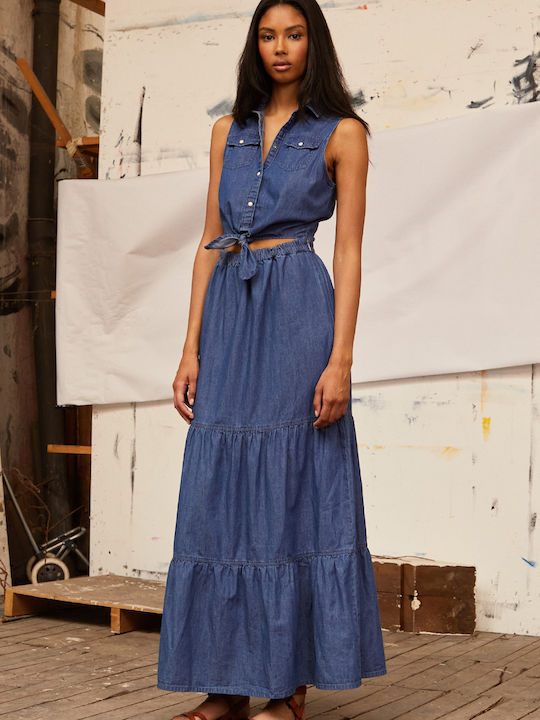 Pepe Jeans Sommer Maxi Kleid mit Rüschen Blau