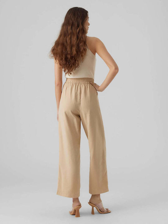 Vero Moda Carmen Γυναικείο Ψηλόμεσο Υφασμάτινο Παντελόνι με Λάστιχο Wide Irish Cream
