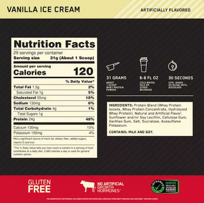 Optimum Nutrition Gold Standard 100% Whey Molkenprotein mit Geschmack Vanilleeis 450gr