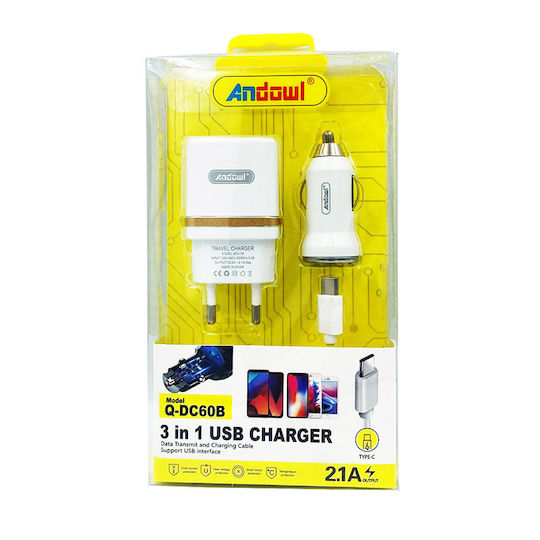 Andowl Car and Wall Set with USB-A Port and Cable Lightning Whites (Q-DC60C)