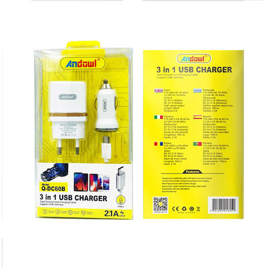 Andowl Car and Wall Set with USB-A Port and Cable Lightning Whites (Q-DC60C)