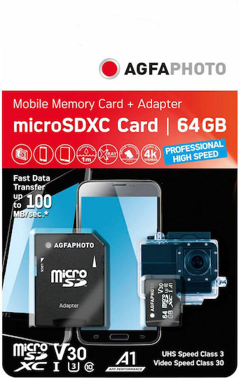 AgfaPhoto Professional microSDXC 64GB U3 V30 A1 High Speed 100MB/s with Adapter