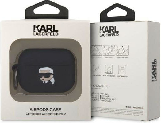 Karl Lagerfeld Karl Head 3D Hülle Silikon mit Haken in Schwarz Farbe für Apple AirPods Pro 2