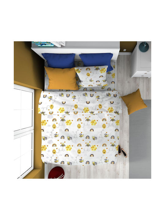 Dimcol Semi Double Bed Kids Sheets Set Cotton Honey Bee 545 White / Yellow 3pcs 160x240cm